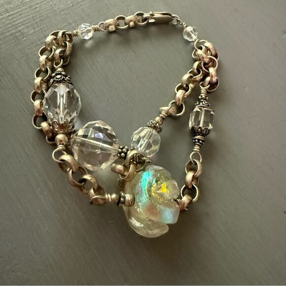 925 Sterling Silver Clear Opalescent Beaded Chainlink Multi Chain Bracelet - Picture 1 of 8